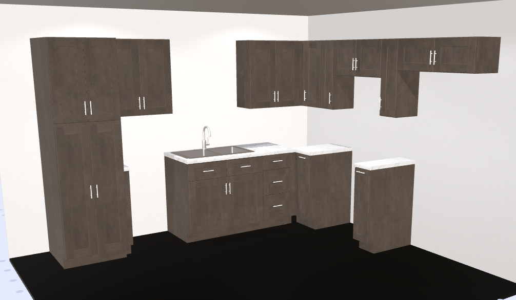 3D design preview of a driftwood-tone kitchen layout with pantry cabinet and peninsula
